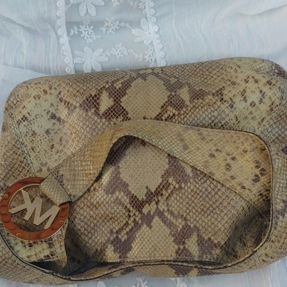 Michael Kors Leather Snake Print Hobo Bag in Cream and Brown - Picture 14 of 16